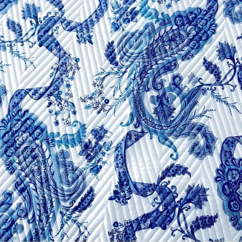 ETRO Home Loures Queen Quilted Bedspread, Paisley White & Blue, NWT